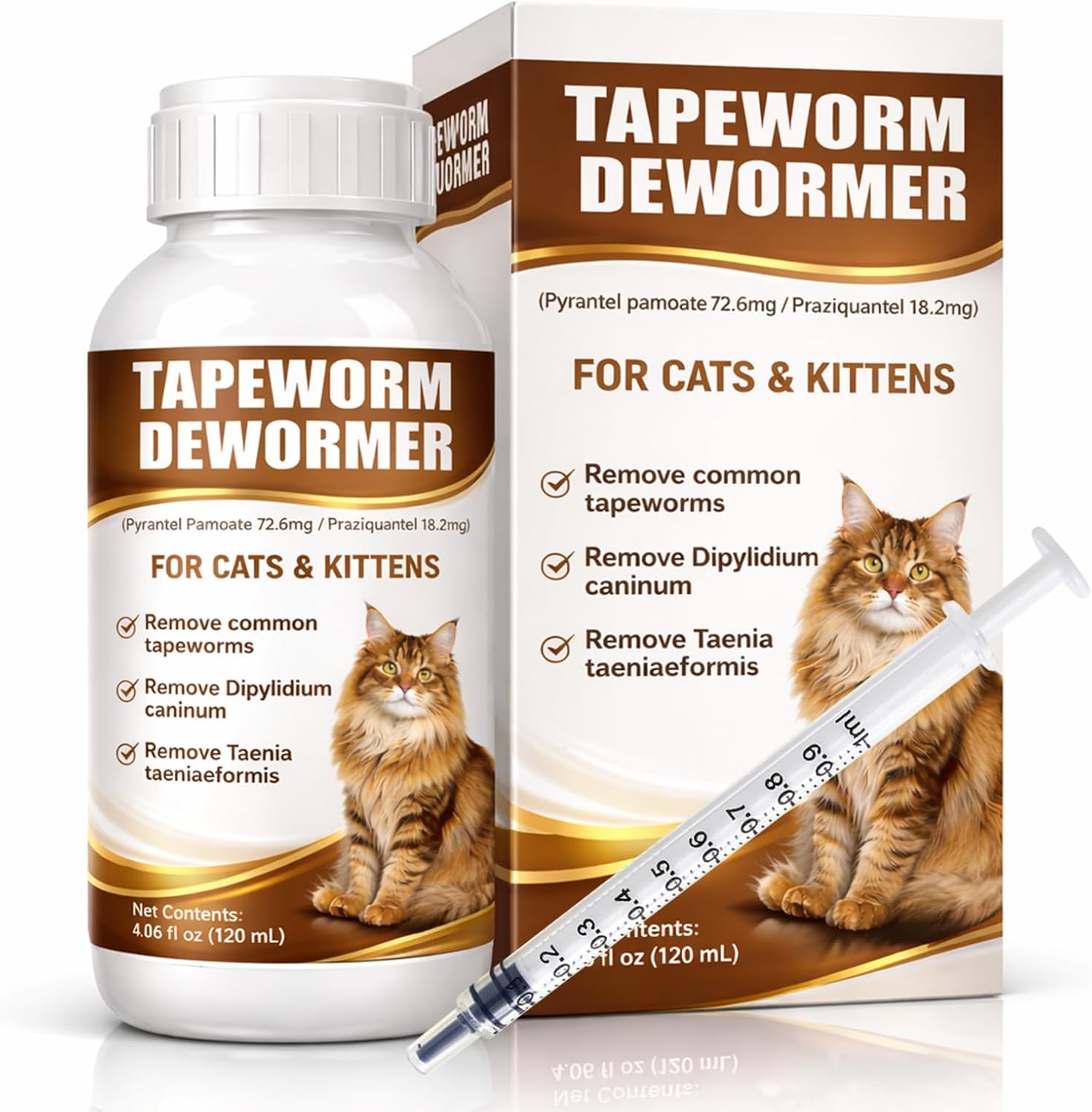 Cat Dewormer Liquid Broad Spectrum Treatment for Tapeworms, Roundworms & Hookworms with Praziquantel & Pyrantel Pamoate, 120ml