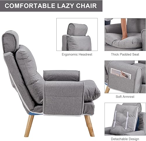 Miniatura 6 de TUKAILAi Silla decorativa moderna con otomana, sillón tapizado de tela de lino con respaldo ajustable, cómodo sofá con reposapiés para sala de estar