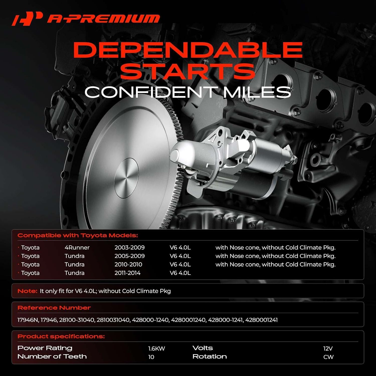A-Premium Starter Motor, 12V 1.6KW 10 Teeth CW, Compatible with Toyota