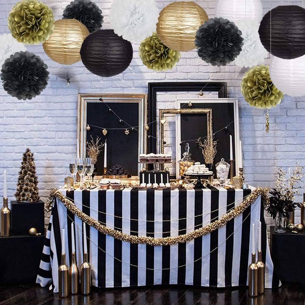 Black Gold Party Decorations, Black Gold Paper Lanterns and Pom Poms Flowers for Birthday Graduation Masquerade New Years Party Decor 15 Pieces - Image 5