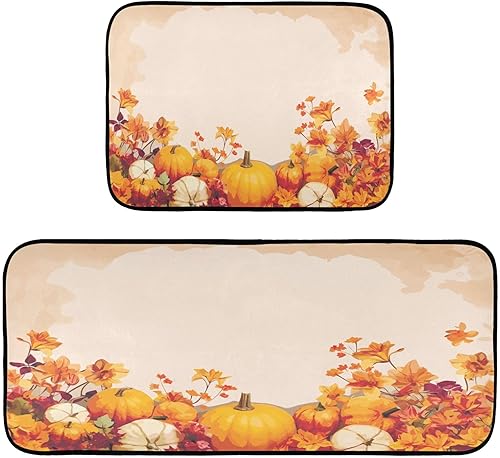Watercolor Pumpkin Harvest Kitchen Rugs Set of 2, Autumn Maple Leaves Floor Mat Runner Rug Washable Non Slip Washable Standing Mat Home Office