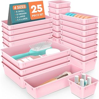 25 PCS Plastic Drawer Organizer Set, Makeup Organizers and Storage Bins | 4 Sizes Desk Drawer Divider Organizers and Storage Bins for Jewelry, Gadgets for Kitchen, Bedroom, Bathroom, Office, Pink