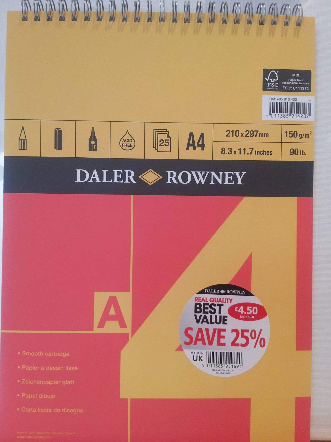 Daler Rowney Yellow A Series Spiral Sketch Book A4