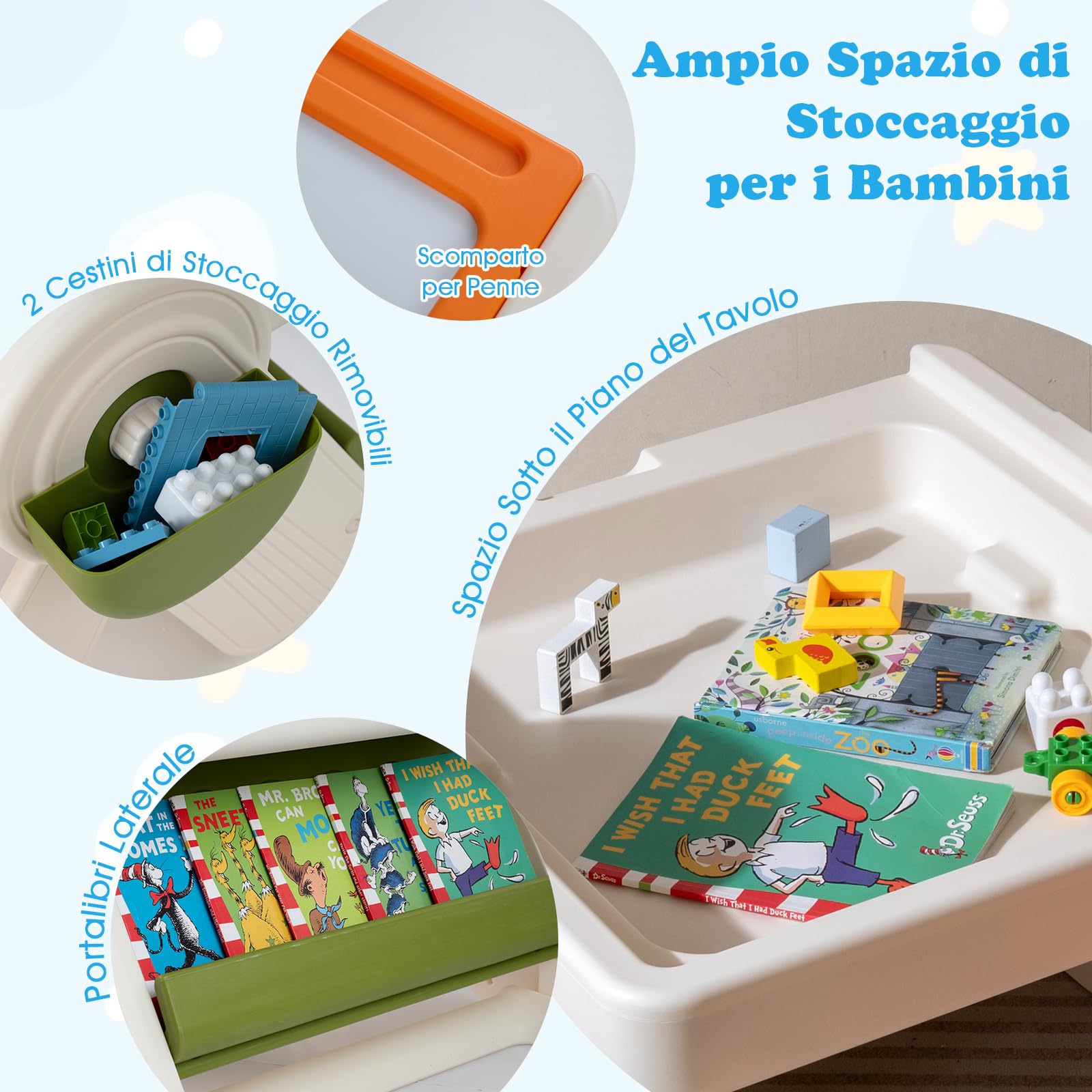 COSTWAY Set Tavolo e Sedia 6 in 1 per Bambini 18+ Mesi, Tavolino Pieghevole con Piano Reversibile, Porta Penne, Cesti Contenitori e Scaffale, Tavolo Salvaspazio per Giochi per Cameretta (Arancione)