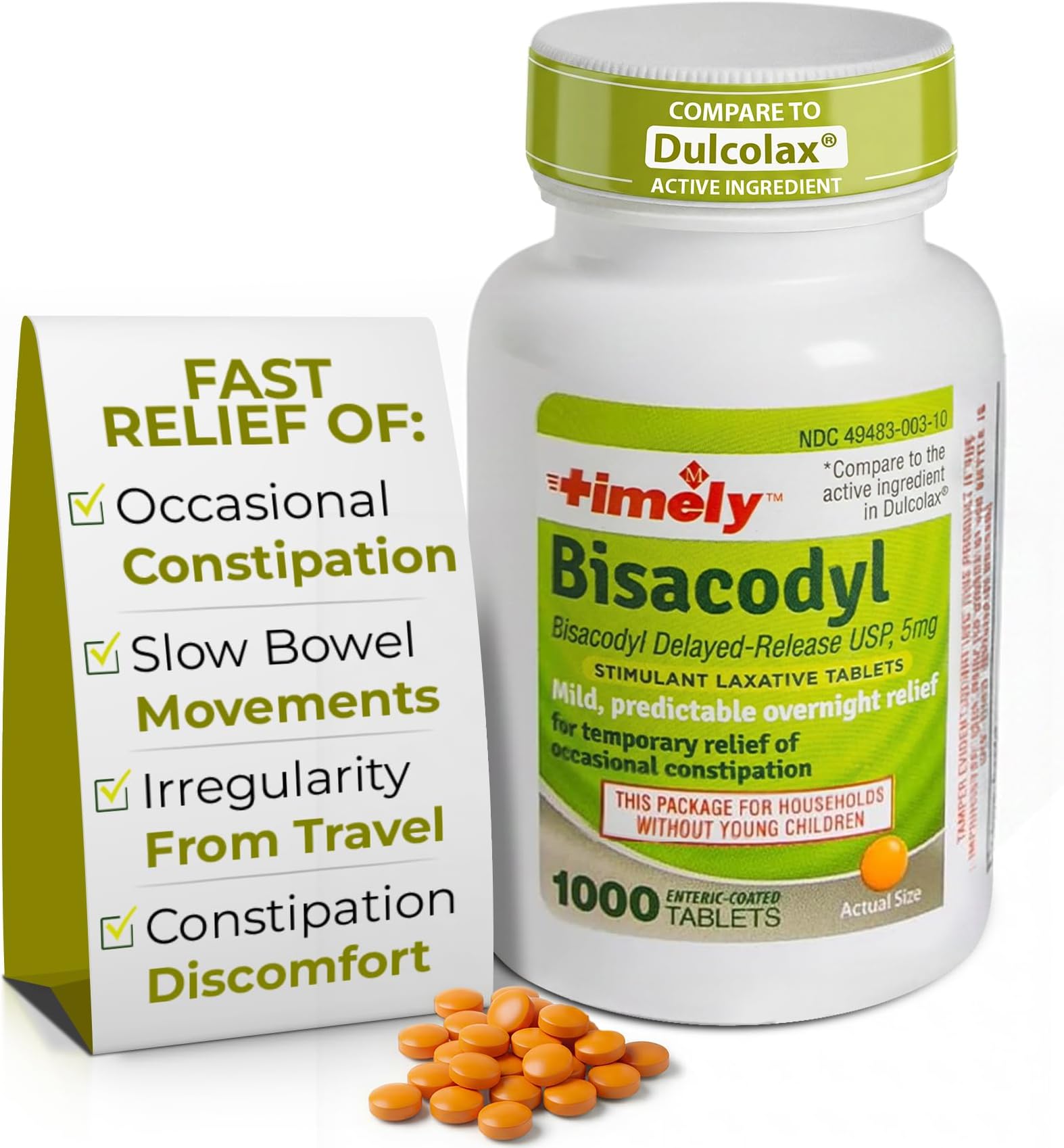 Timely Laxative Bisacodyl 5mg Tablets - Stimulant Laxatives for Constipation Fast Acting & Gentle - Overnight Constipation Relief for Adults -1000 Tablets