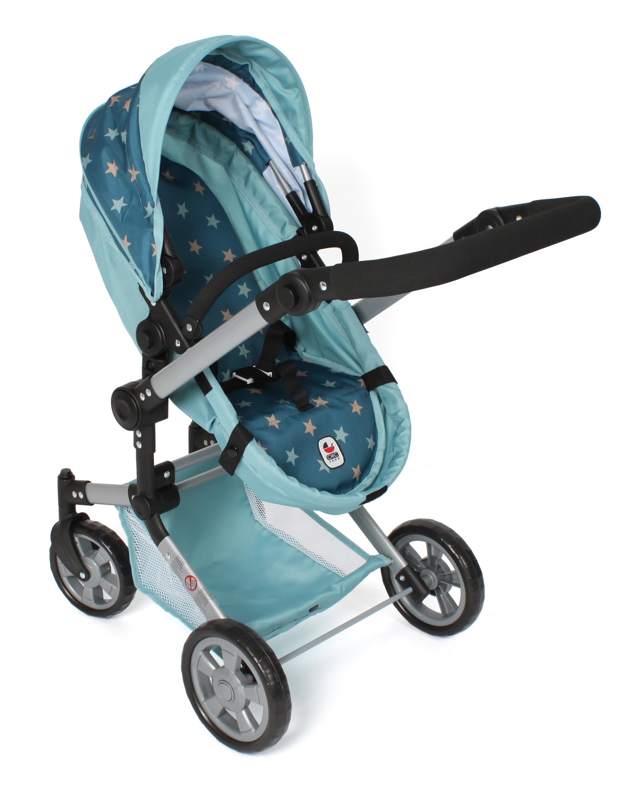 Bayer Chic 2000® 2 w 1 wózek dla lalek Linus - gwiazdka turkusowa - składana, z regulacją wysokości 47-78 cm – lalki do 52 cm, 4-8 J.