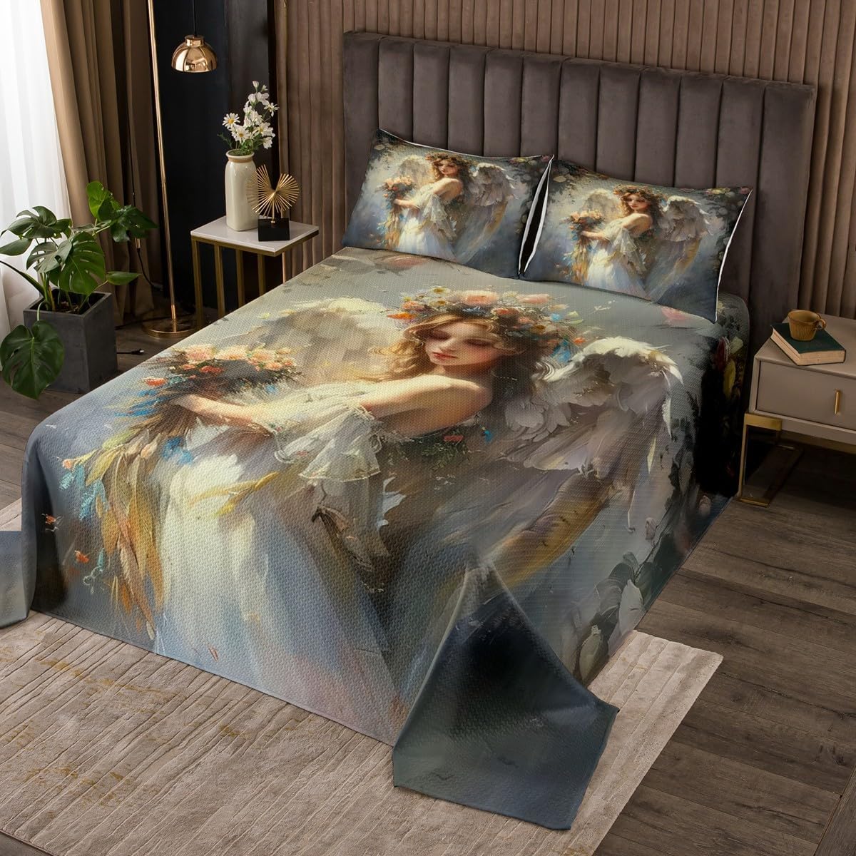 Erosebridal Angel Quilts Inspirational Coverlet Set, Angel Wings Bedspread Sets Dreamy 3D Printed Quilt Set Queen