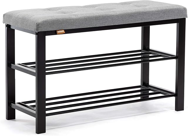HNNHOME Sirius Shoe Bench 3-tier Shoe Rack Storage Shelf Organiser with Padded Cushion Seat, Steel Frame, for Entryway Hallway Living Room Industrial Accent Furniture 81x32xH50cm (Light Grey, Linen)