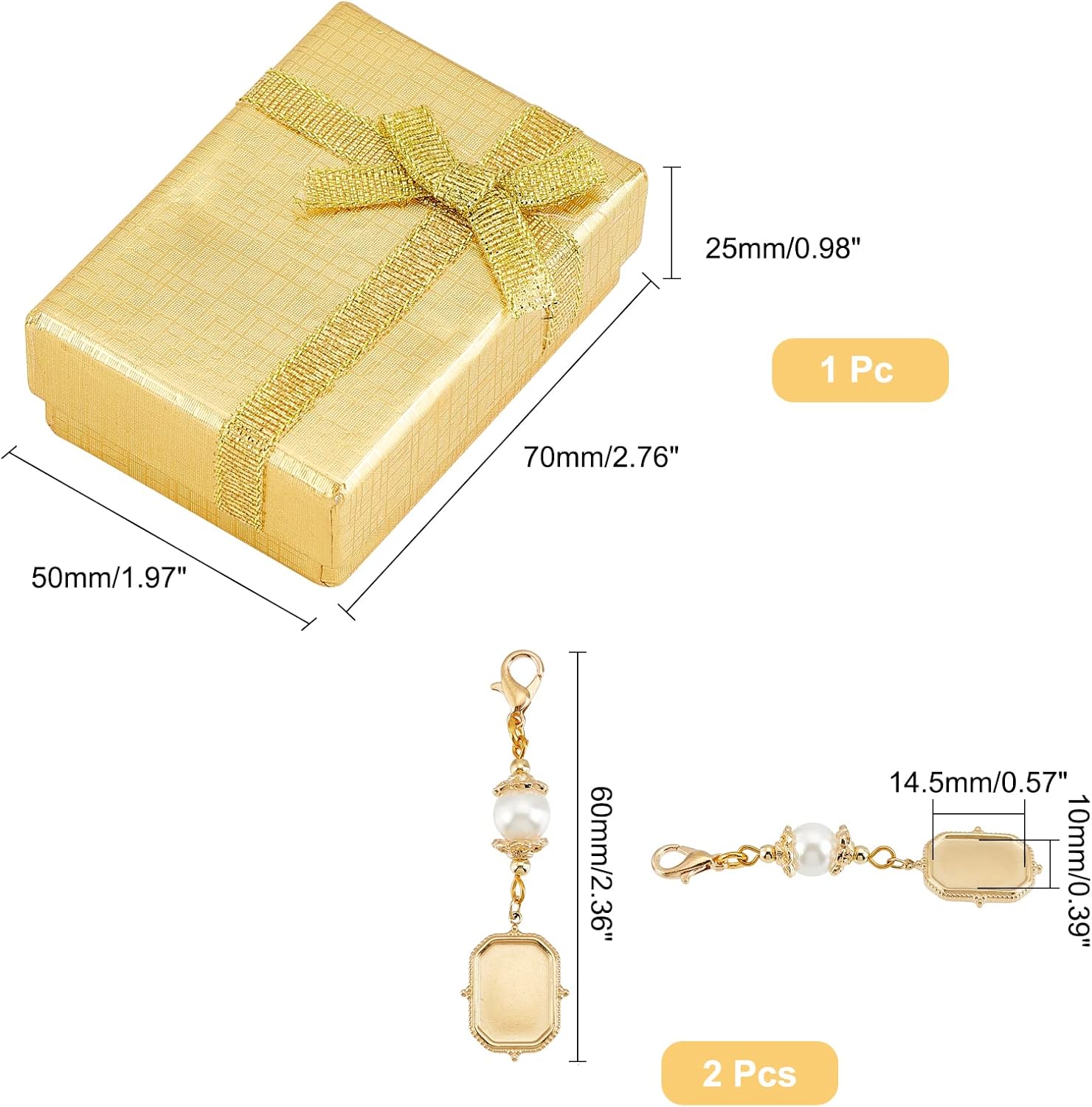 CHGCRAFT 2Pcs Wedding Bouquet Charm Rectangle Stainless Steel Memorial Photo Pendant with Freshwater Pearl and Necklace Boxes for Wedding Bridal Shower Party Decor, Gold, 60mm Tray: 14.5x10mm - Image 2