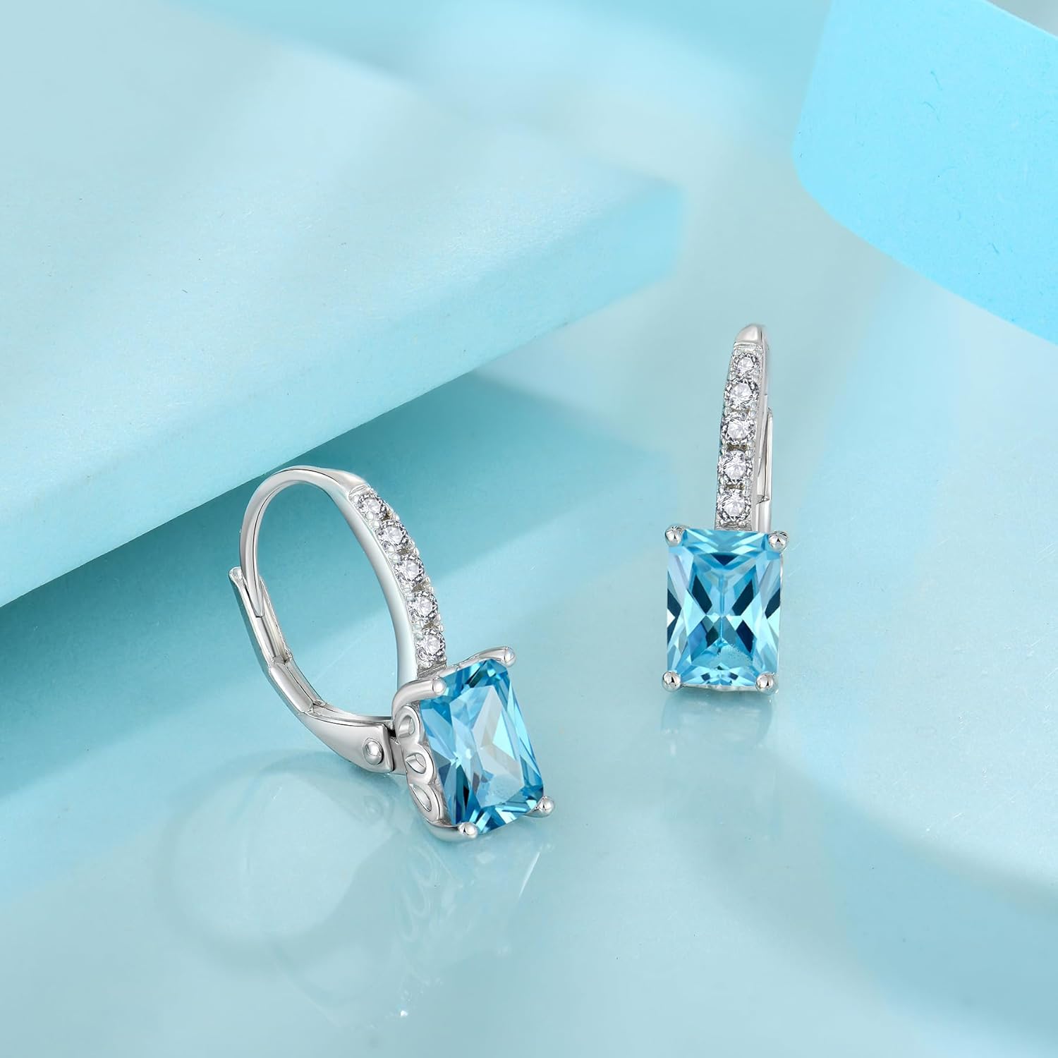 FJ Princess Cut Dangle Drop Earrings 925 Sterling Silver Leverback Square Solitaire Earrings Birthstone Jewelry for Women - Image 4