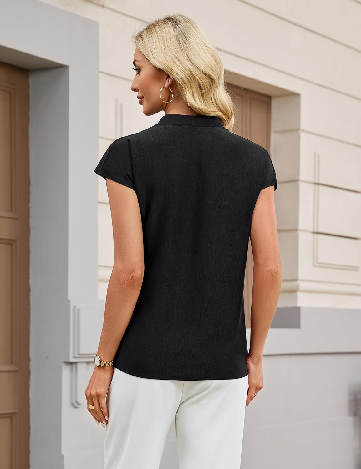 Blooming Jelly Womens Dressy Casual Blouse Business Casual Work Tops Metallic Accent V Neck Shirts Cap Sleeve Pleated Outfit - Image 3