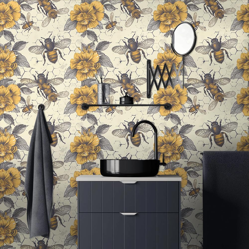 18"x236" Vintage Brown Yellow Bee Flower Peel and Stick Wallpaper Easy Peel Off Contact Paper Vintage Vinyl Self Adhesive Removable Stick on Wall Paper for Kitchen Cabinet Renter Friendly