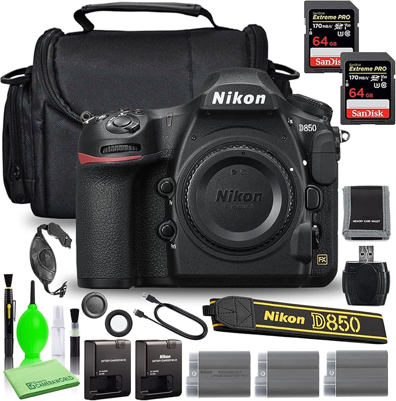 Nikon D850 DSLR Digital Camera Body Only (1585) Bundle with (2) SanDisk 64GB Extreme PRO SD Card + (2) Extra Compatible Batteries and Battery Charger + Large Camera Bag + More