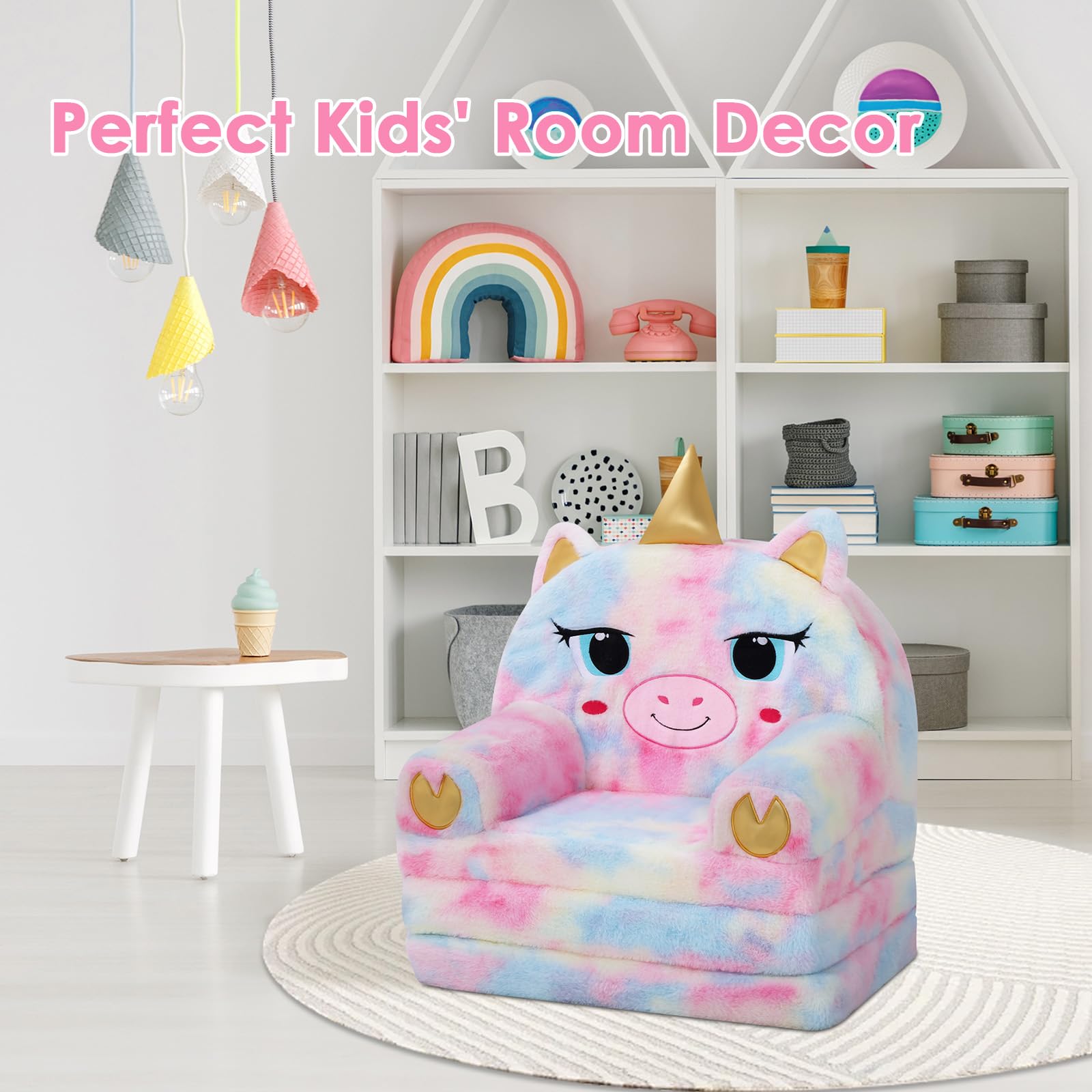 decalsweet Divano per Bambini 2-in-1 Pieghevole Schienale Poltrona, Comodi Peluche Divano per Bambini con Cerniera, Costante Leggero Divano Letto per Camerette, Poltroncina per Bambini (Unicorno)