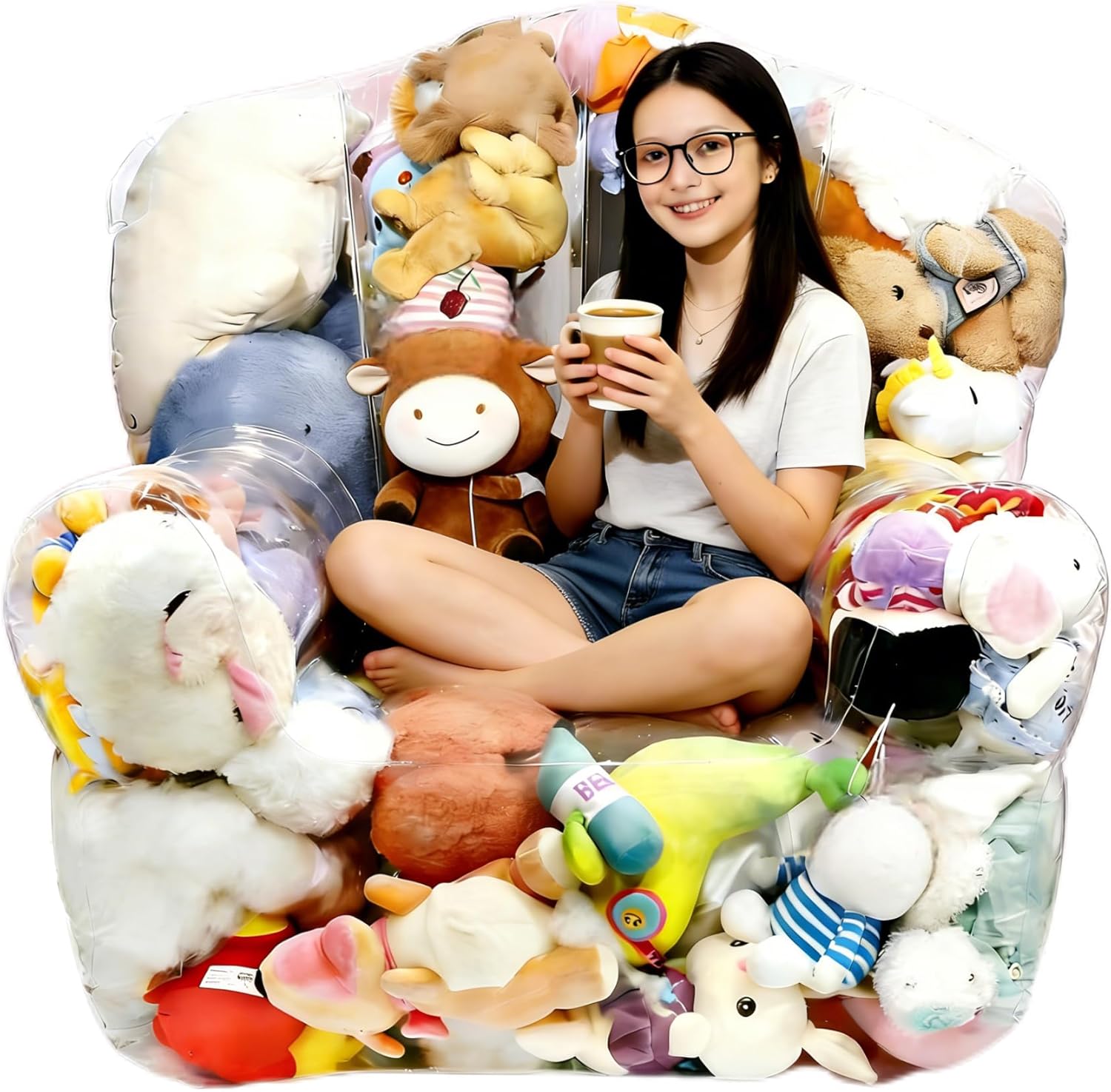 Clear Stuffed Animal Storage Bean Bag Chair Cover - Extra Large 150L, Waterproof & Easy-Clean Toy Organizer with Plastic Window,forNursery, Bedroom, Playroom (Cover Only, No Filler) (Extra large size)