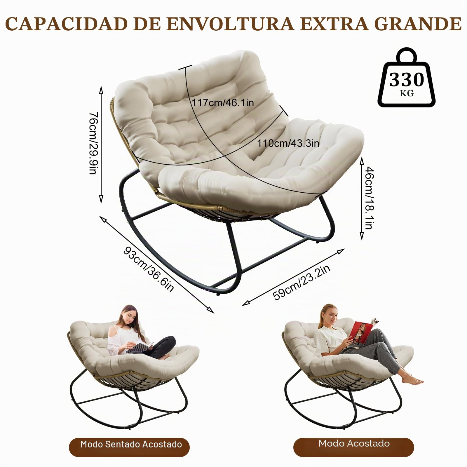 Mecedora, Sillón Mecedor Ergonómico Extra Grande, Mecedora de Ratán, Silla Relax con Cojín Extra Grueso, Ideal para Balcón, Jardín y Salón, Capacidad de Carga Hasta 140kg (Beige)