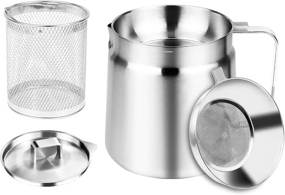 2 L Panela com Filtro de Óleo em Aço Inoxidável 304 com Filtro, Armazenamento de Gordura de Panela com Tampa, Tanque de Filtro de Óleo Versátil de Grande Capacidade, Fervedor Inox