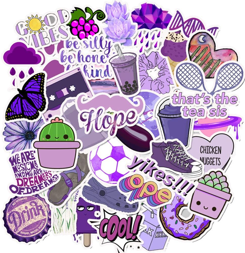 50pcs Cute Stickers - Aesthetic, Trendy Vinyl Waterproof Kawaii Stickers for Girls, Teens, Notebooks, Water Bottles, Skateboards, Luggage (Purple Style)
