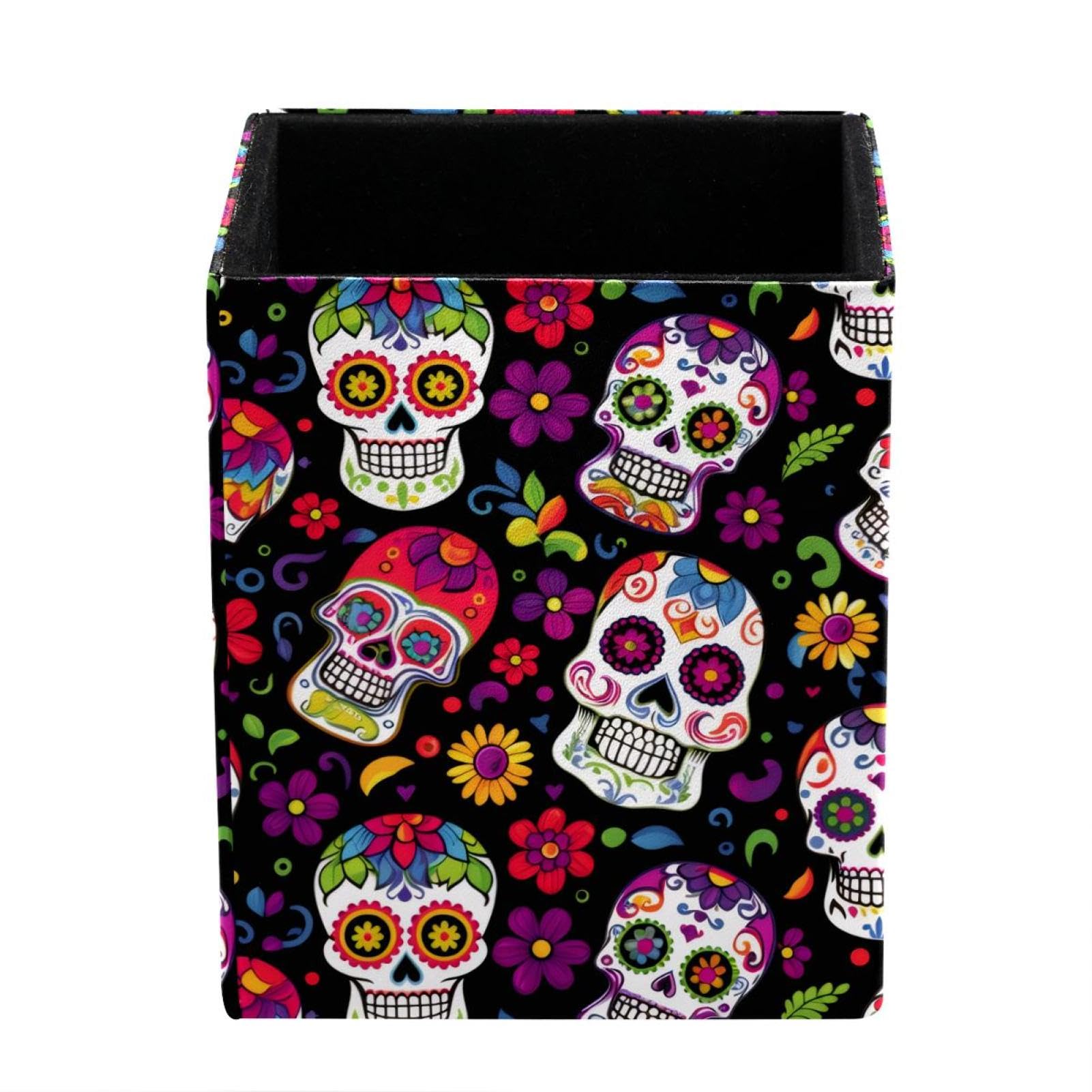 FWJZDSP Pencil Pen Holder, Day of the Dead Sugar Skulls Makeup Brush Holder, Leather Desk Accessories, Stationery Organizer for Office Desk Accessory