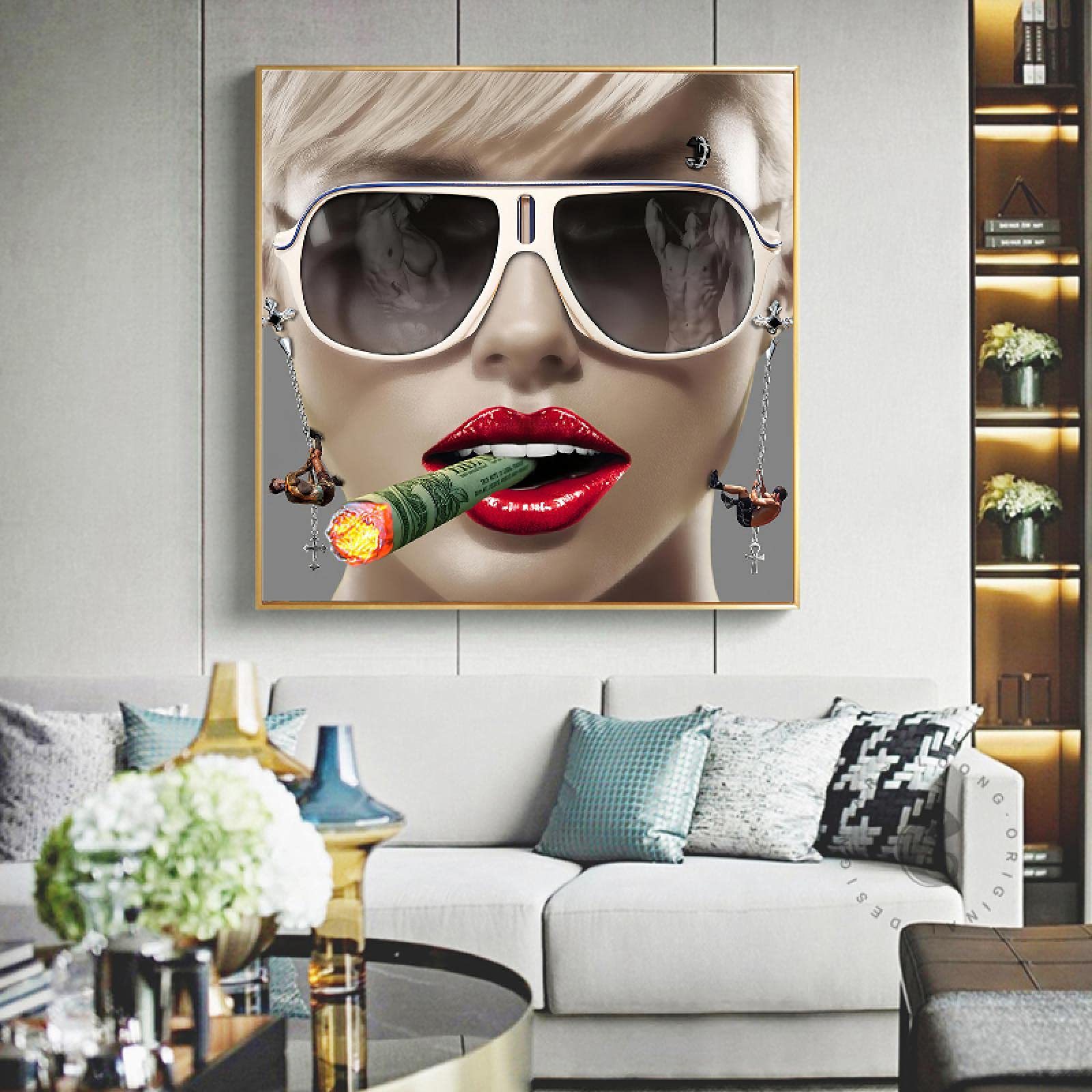 Chica de moda Dama Estilo exagerado Lienzo Pintura Carteles de pared Impresión de arte Imágenes Sala de estar Casa Decoración para el hogar 50x50x2cm Marco interno