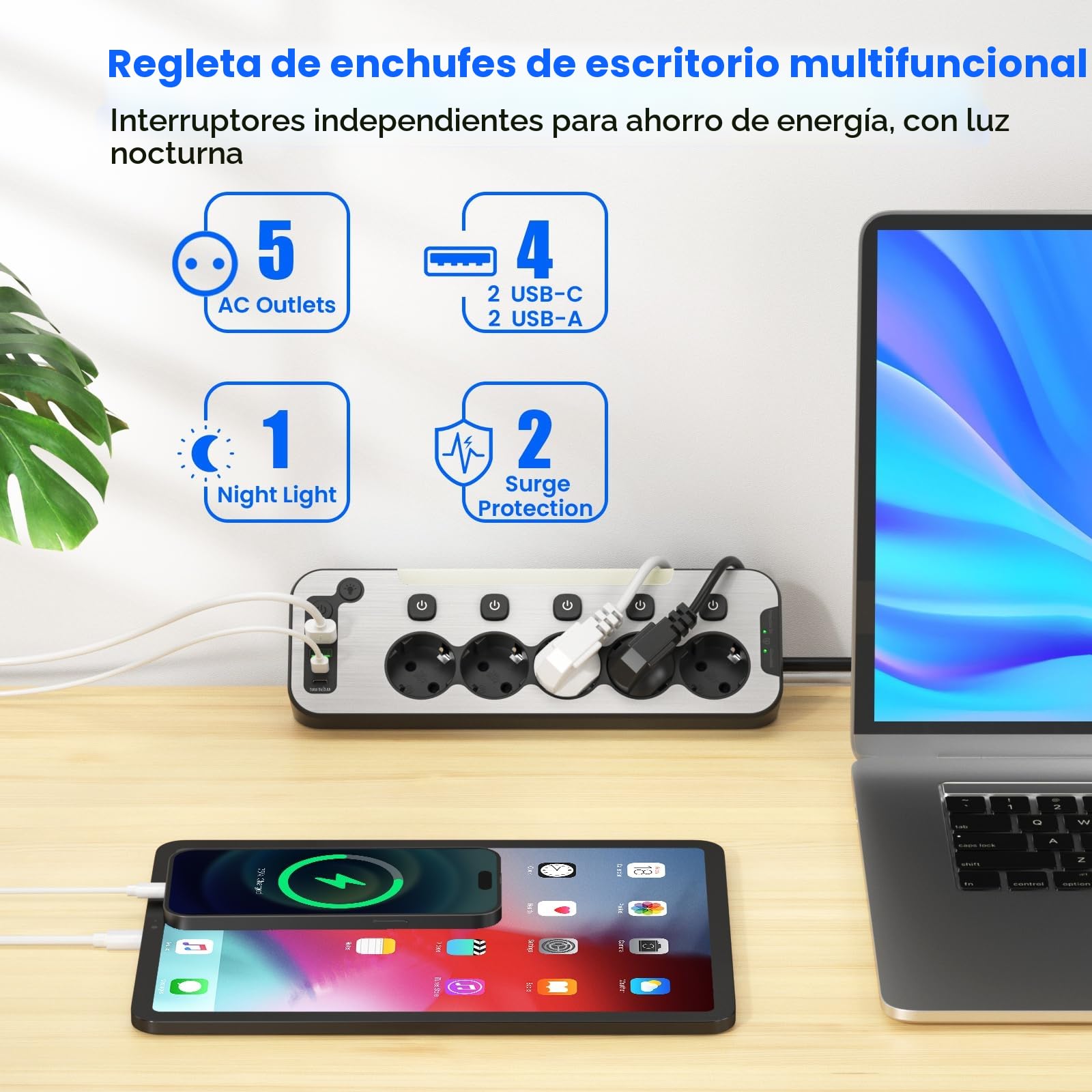 Regleta Enchufes Esquina con USB C,5 Tomas Enchufe Multiple Proteccion Sobretension,Ladron Interruptore Individuale,Regleta Escritorio Panel Frontal de Metal Encimera Cocina Alargador 2M Cable,Negro