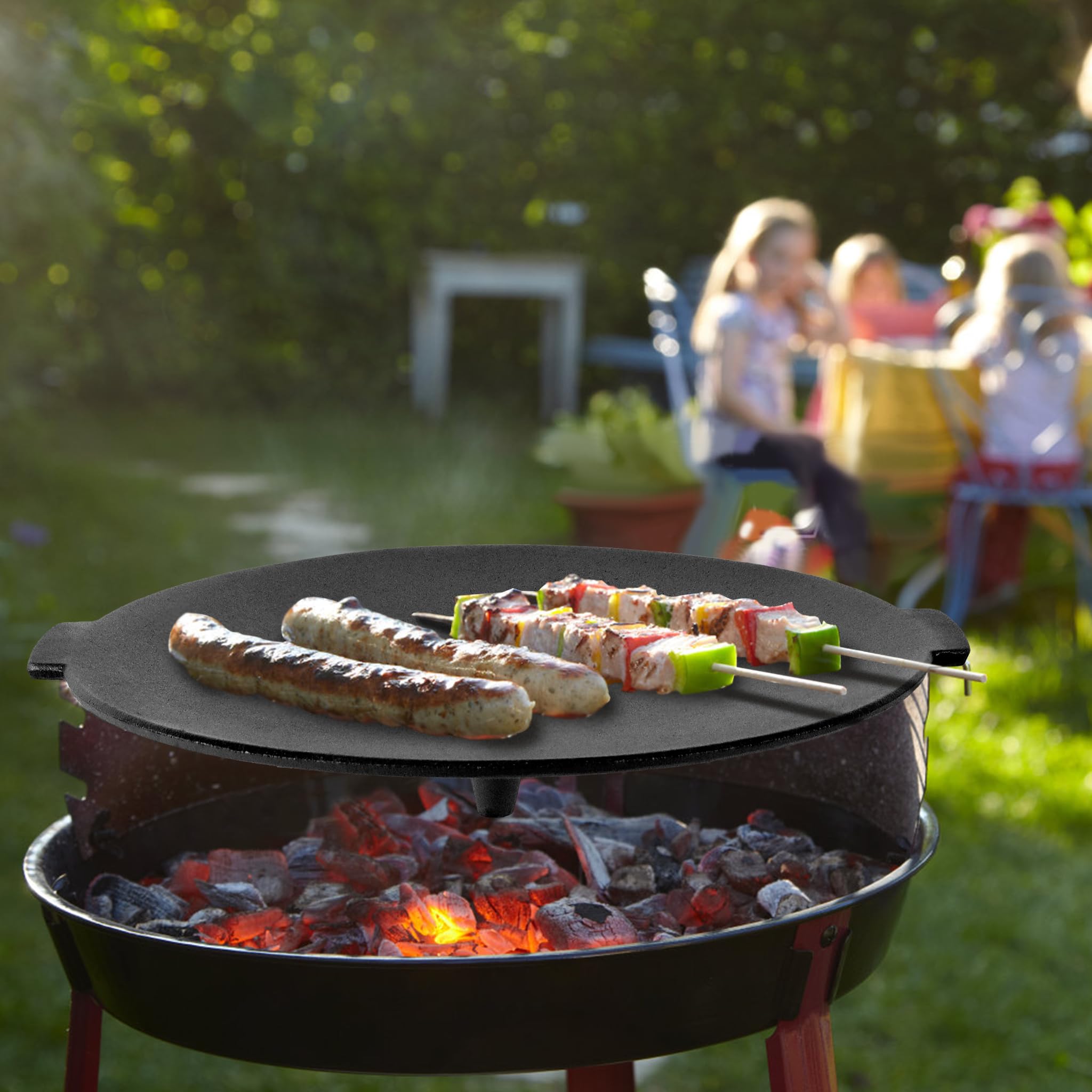 YRHome BBQ, żeliwna płyta grillowa, okrągła, Ø 45 cm, stojak na trójnogi, patelnia grillowa z uchwytami i torbą ochronną, wytrzymała patelnia outdoorowa, akcesoria do grilla, nakładka na kemping i do