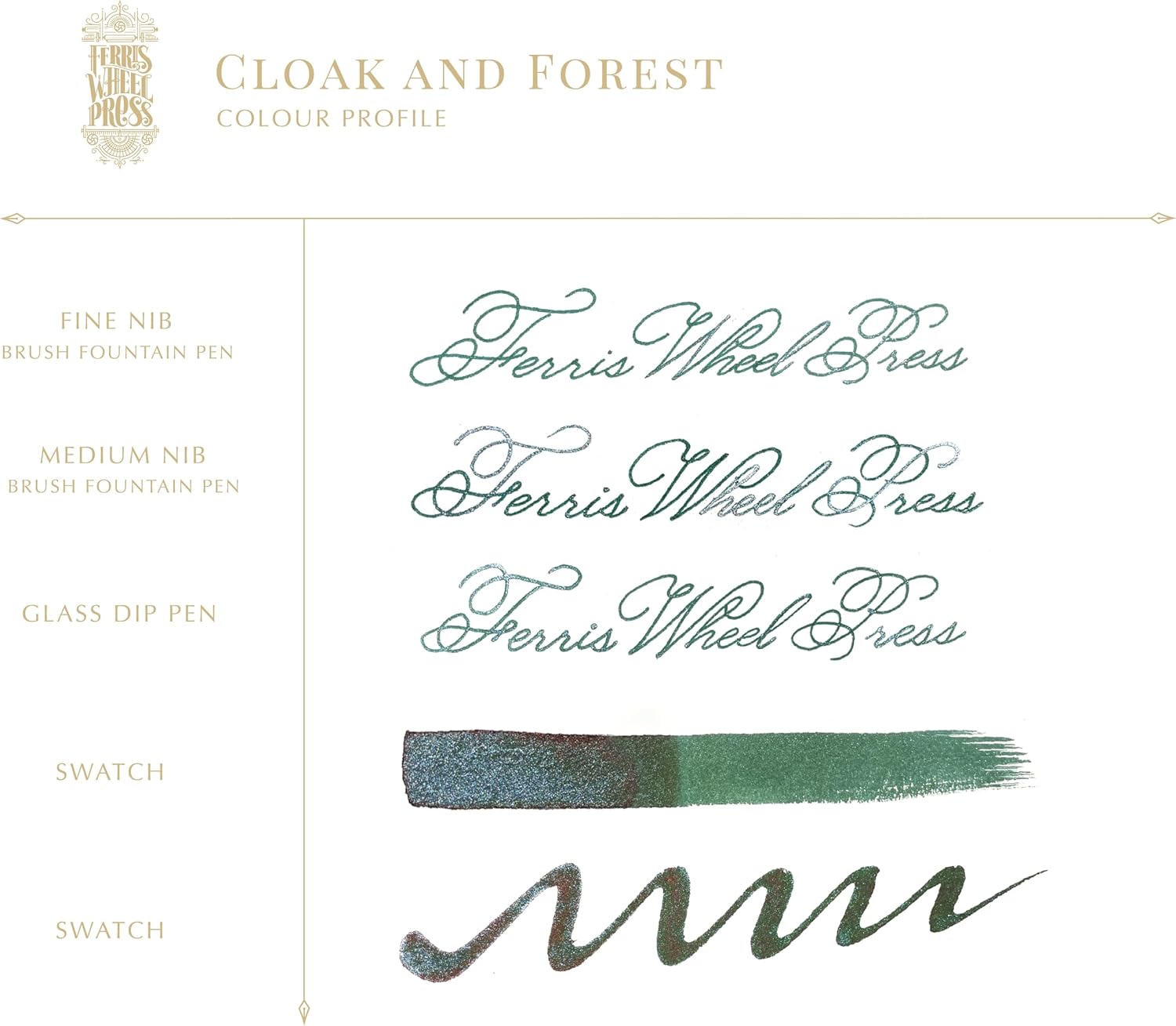 Ferris Wheel Press Ink, FerriTales Collection, Cloak and Forest, Forest Green with Silver Shimmer and red Sheen, 20ml Fountain Pen Ink Bottle