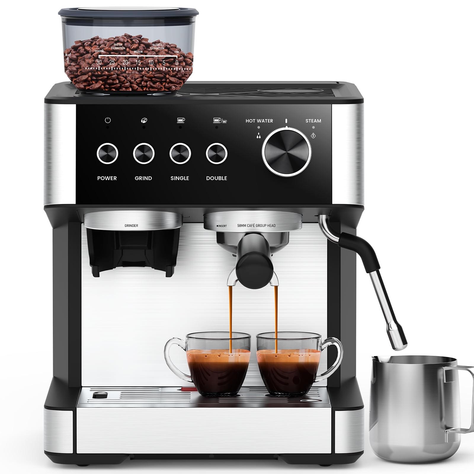 Joy Pebble 15 Bar Espresso Machine with Grinder Milk Frother All-in-One Coffee Maker for Home Baristas 30-Position Grinder