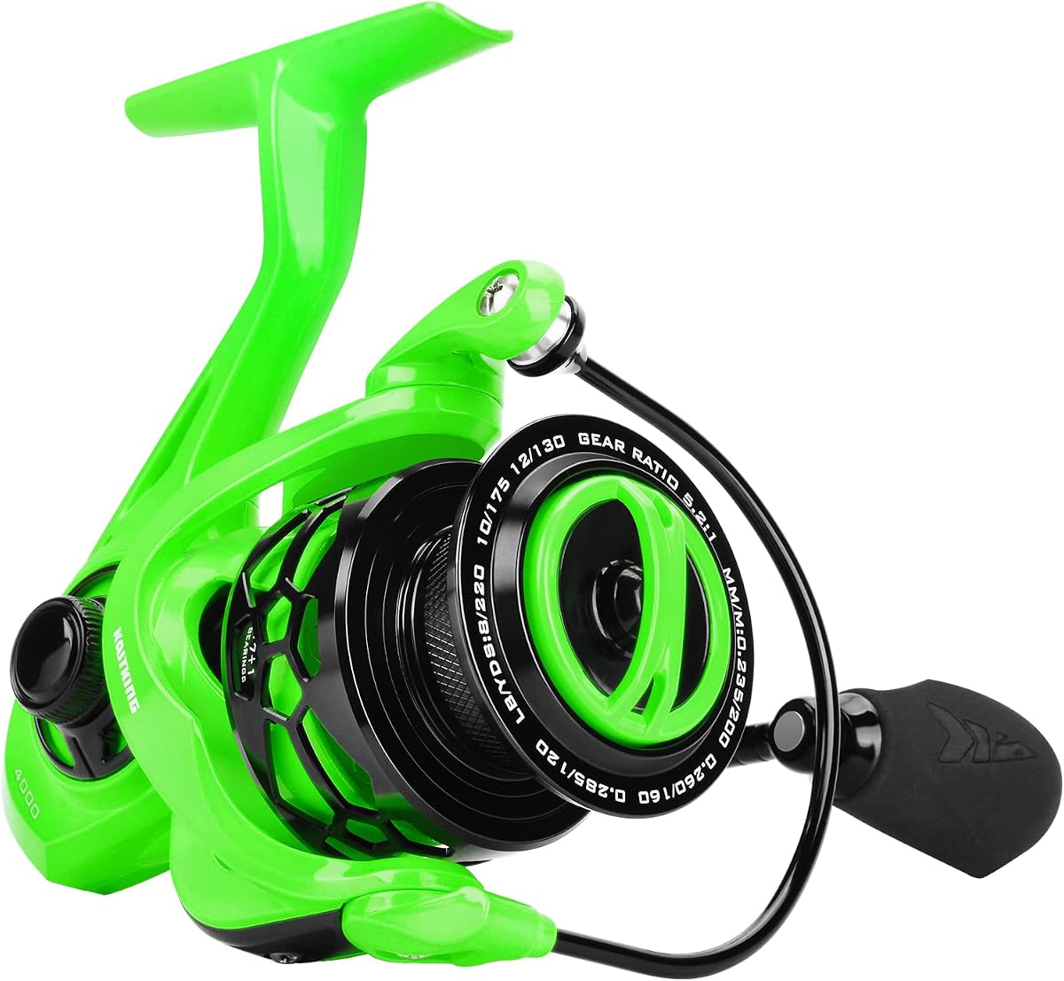 Carretes de pesca giratorios KastKing Zephyr con relación de engranaje de 5,2:1 | Arrastre máximo: 22 lb, 7+1 BB, 9 oz, cuerpo y rotor de nailon con infusión de fibra de vidrio, engranaje principal de aleación de zinc, mango reversible