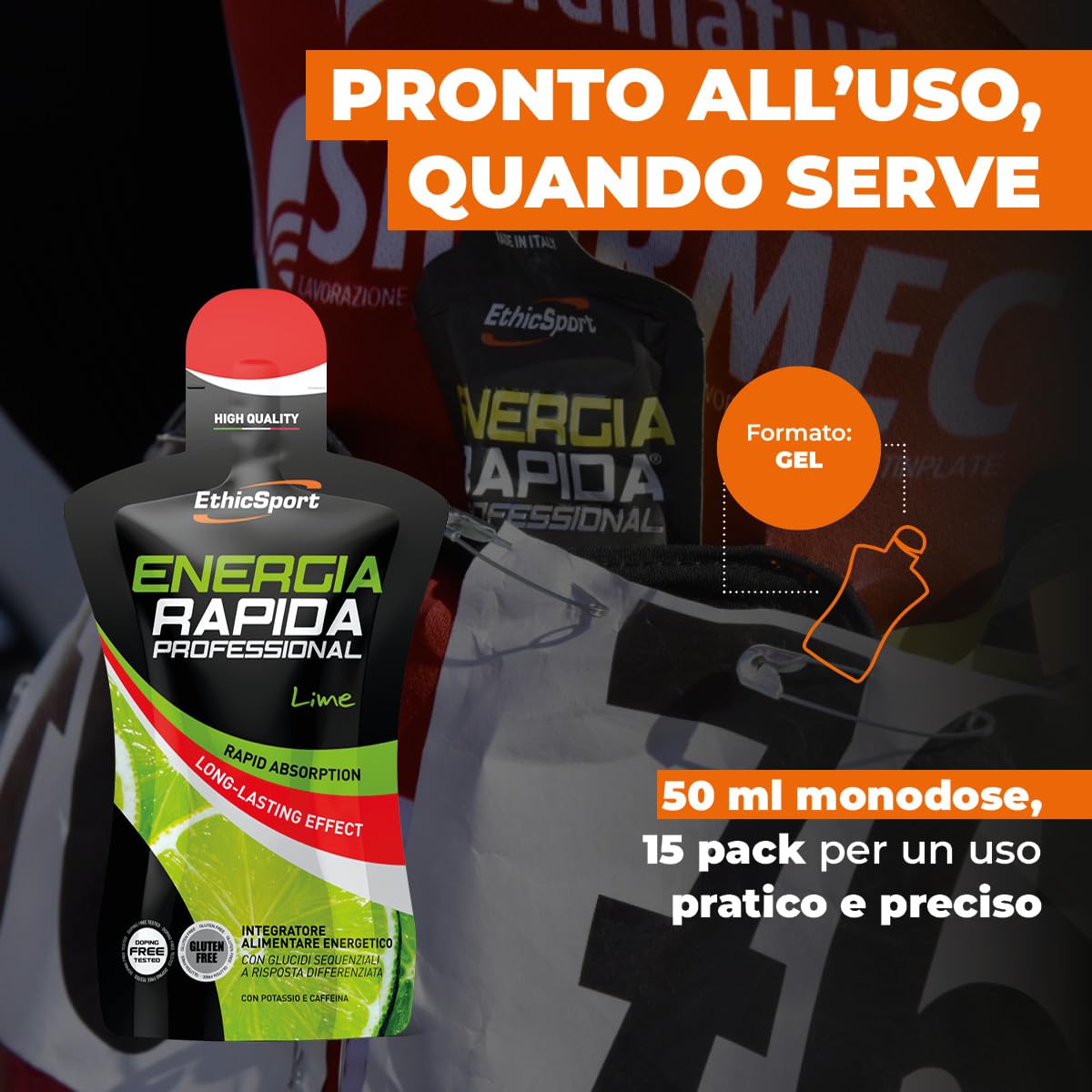 EthicSport Energia Rapida Professional – Integratore energetico liquido con carboidrati sequenziali e caffeina – Energia pronta e duratura per attività di resistenza – 15 pack da 50 ml - Gusto Lime