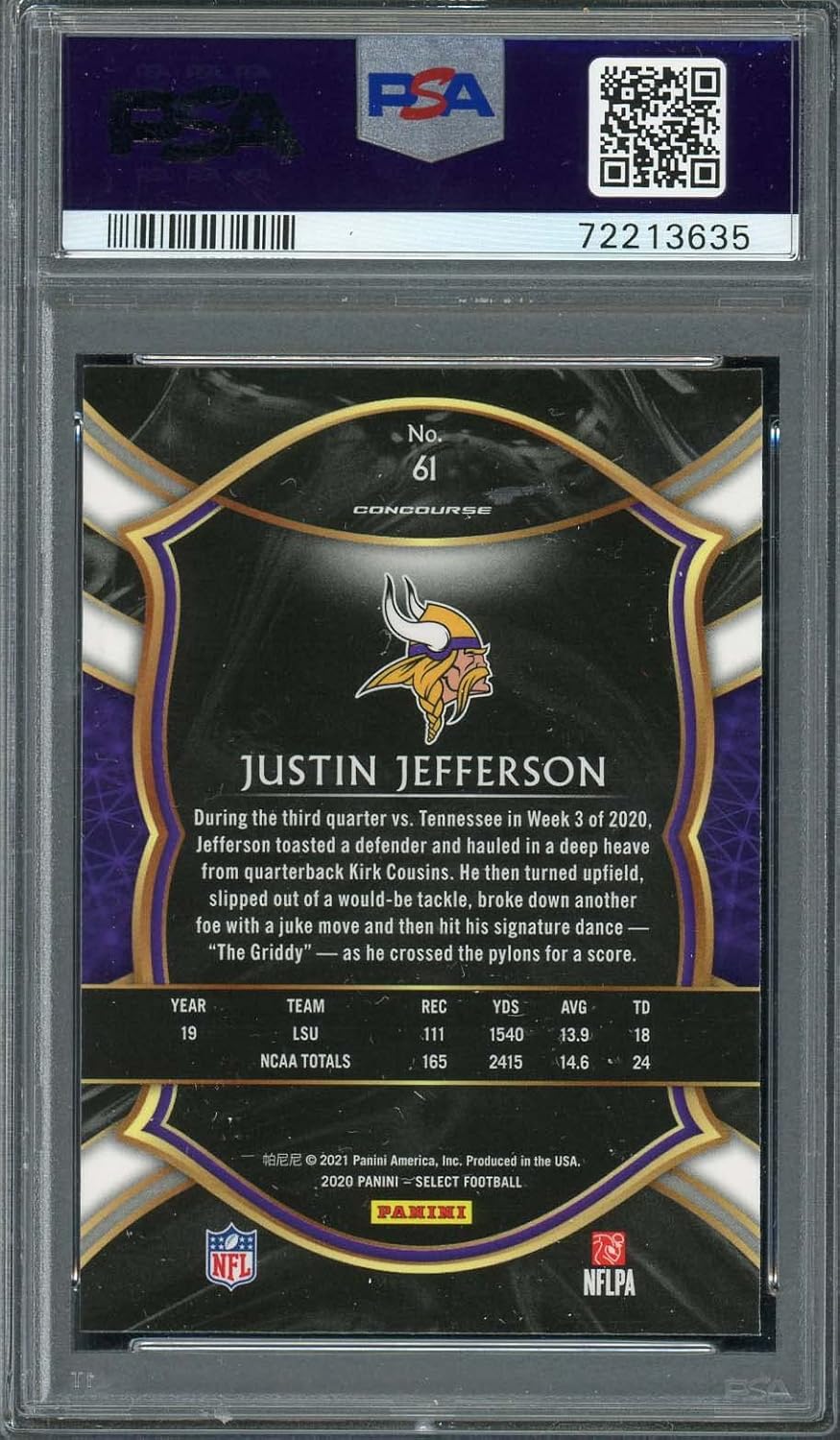 Justin Jefferson 2020 Select Rookie Card RC #61 – PSA 10 Graded (Cert #72213635) Gem Mint Authenticated by Powers Sports Memorabilia | Justin Jefferson Football Card