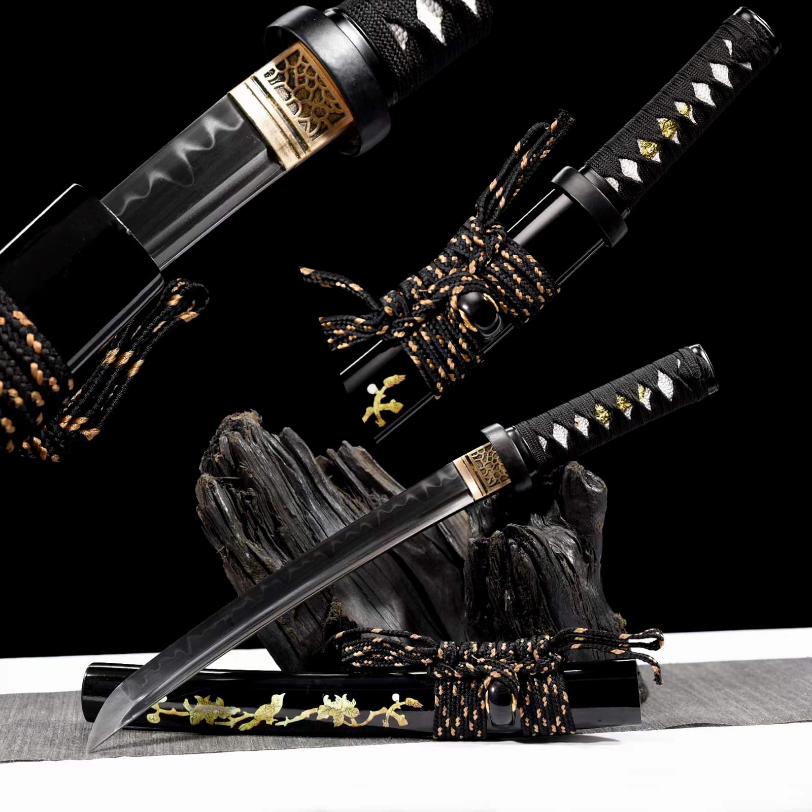 52,5cm handgefertigtes Wakizashi,Klinge aus T10-Stahl mit handgebranntem Wellenmuster,Scheide aus massivem Holz mit Lack,echtes Katana-Schwert für Geschenke,Sammlung,Spielen,Selbstverteidigung,Fitness