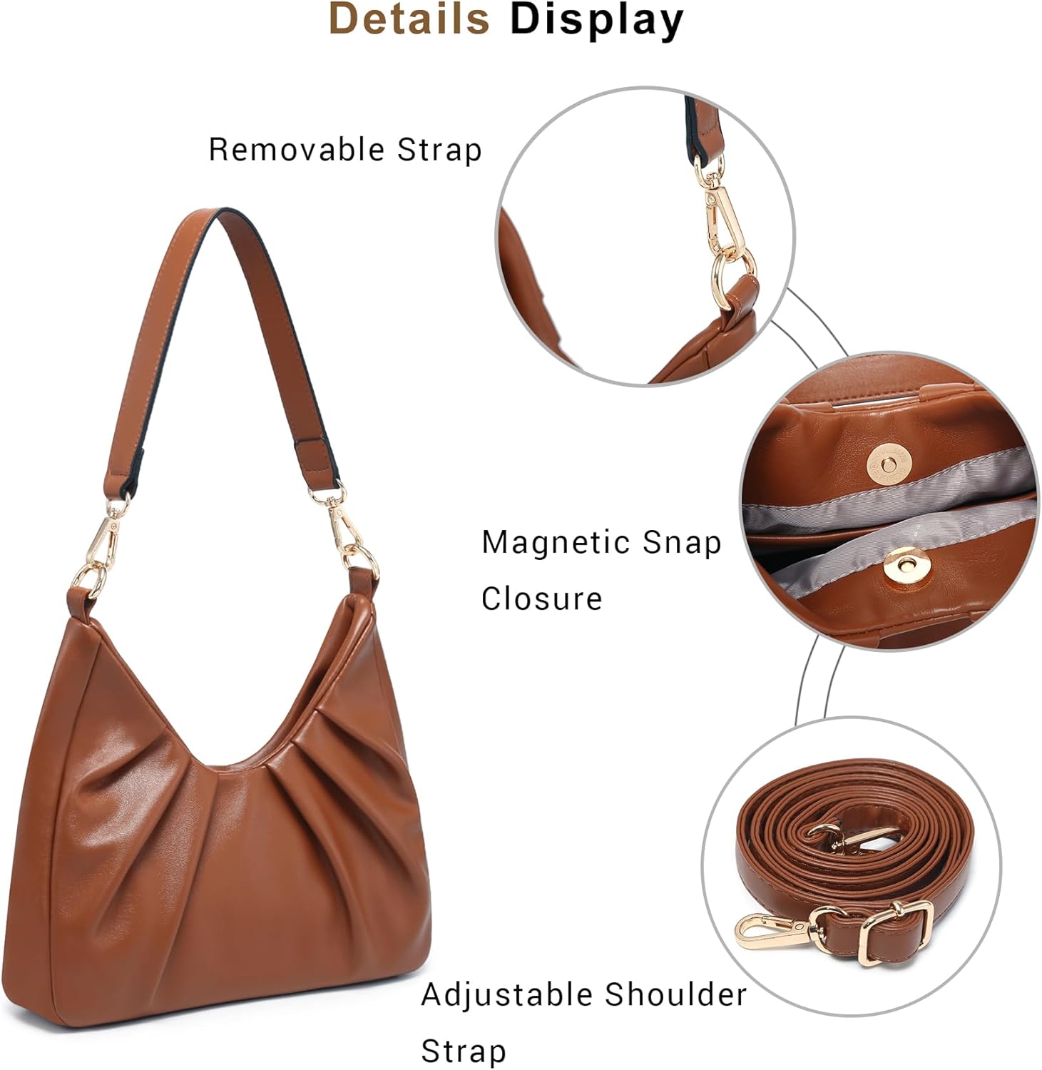 Dasein Ruched Hobo Handbag for Women Retro Shoulder Purse Crossbody Bag with 2 Removable Straps - Image 6