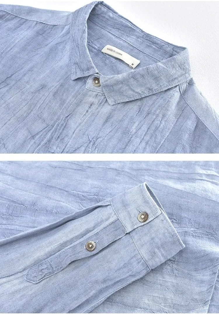 Men's Linen Solid Color Shirt Business Casual Lapel Long Sleeve Blouse Tops Spring Summer