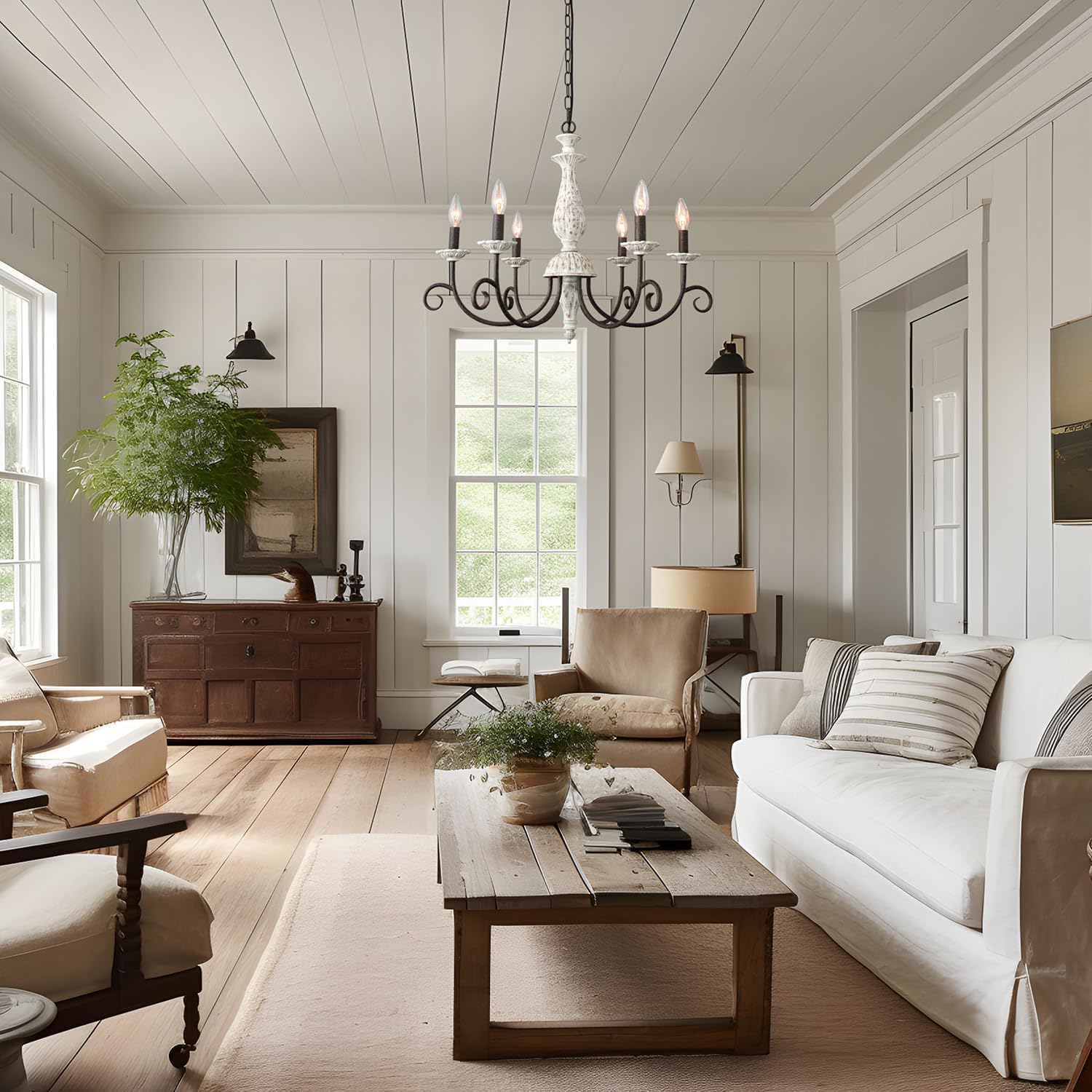 French Country Chandelier,6 Lights Farmhouse Chandelier Dining Room Distressed White Wood Chandeliers with Black Metal Arm,Rustic Candle Ceiling Chandelier for Living Room Bedroom