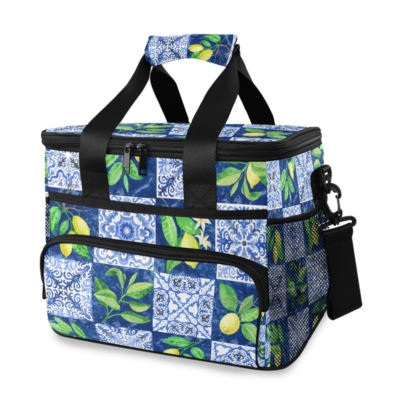Bolsa térmica con diseño floral de mosaicos azules, limón y hojas, bolsa térmica grande para picnic, lonchera reutilizable, bolsa de mano portátil de lados suaves, enfriador de playa, comestibles,