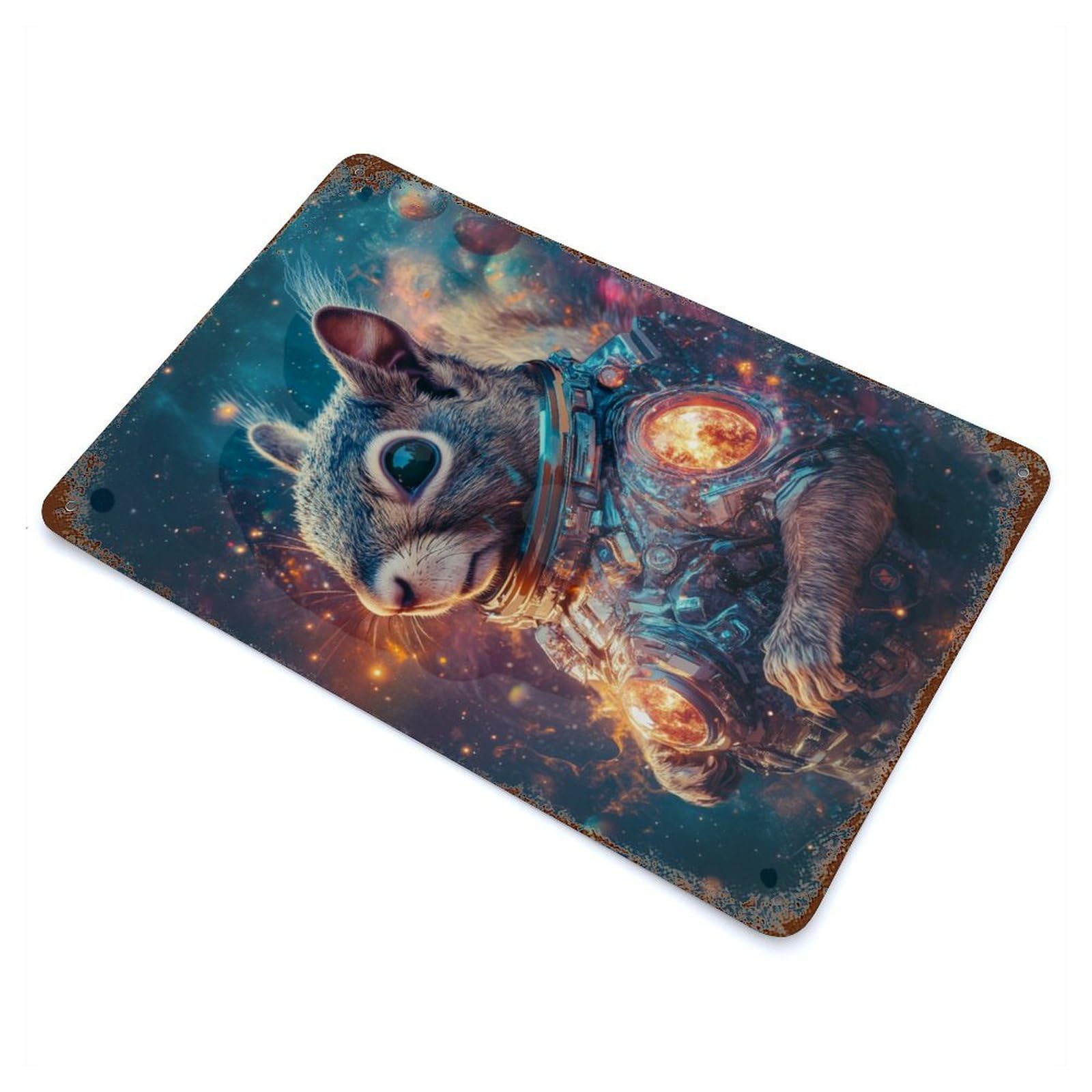 Aged Metal Wall Plaque with Squirrel Astronaut Design 11.8"x7.9", for Cafe, Home Bar And Lounge Decor, Novelty Wall Decor