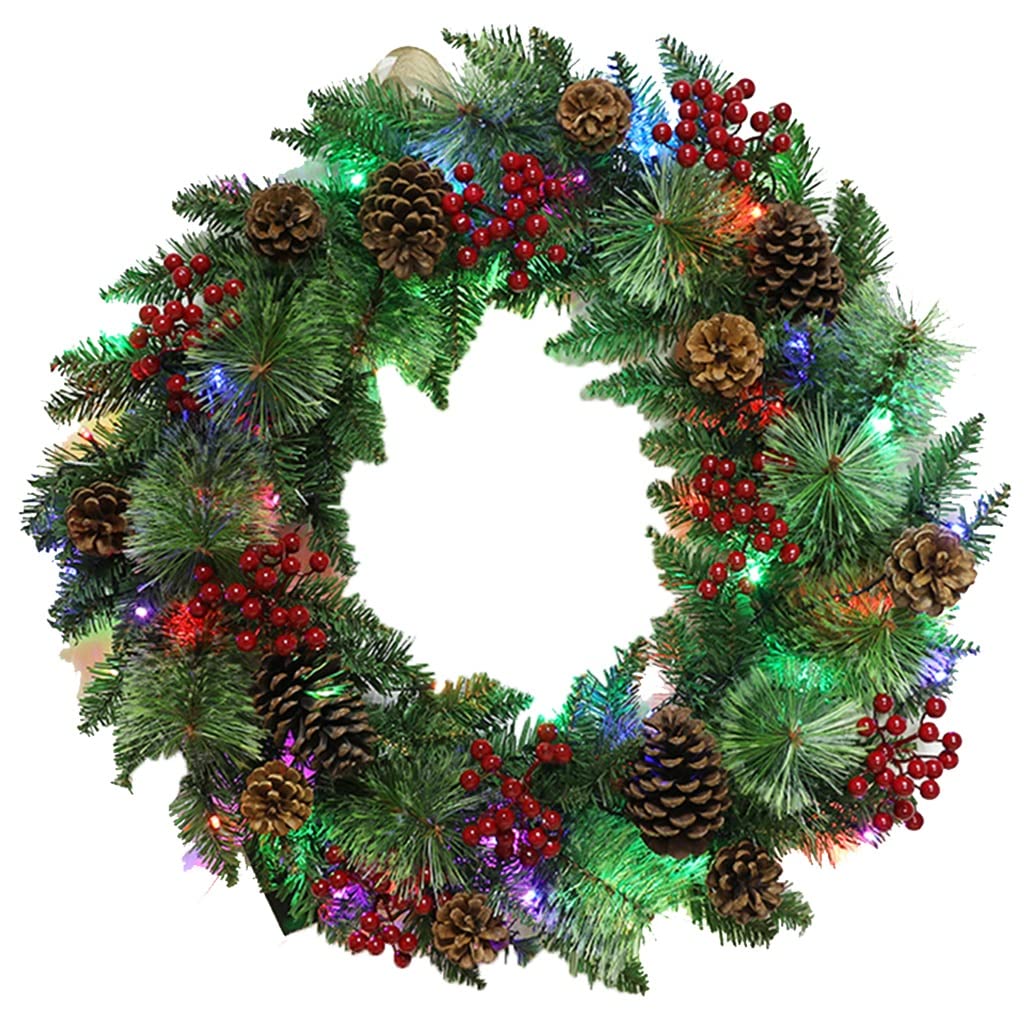 24inch pre-lit artificial christmas wreath christmas garland with lights battery operated 50 warm led lights, adorned with pinecones, red berries, holly leaves