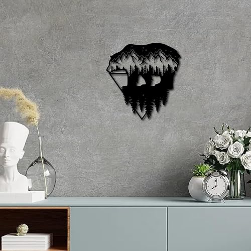 Miniatura 6 de CREATCABIN Arte de pared de metal con diseño de oso silvestre, letrero de pared negro de bosque de montaña, escultura de adorno de metal para colgar