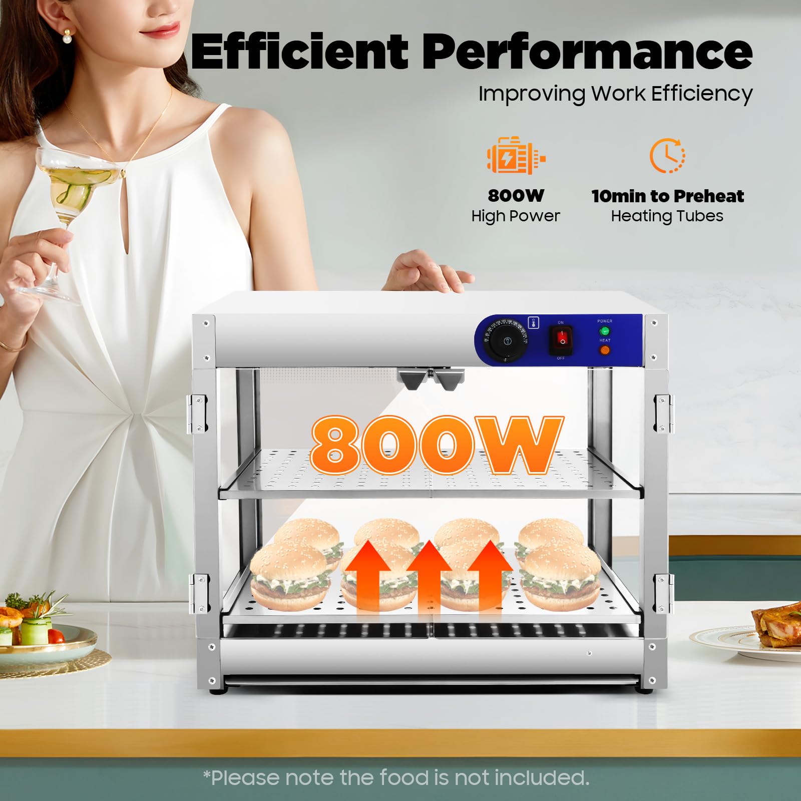 Vetrina calda a 2 ripiani, per scaldavivande, 30 – 85 °C, vetrina per scaldavivande, display per scaldabagni commerciali, con maniglie e clip per alimenti, 61 x 38 x 51 cm