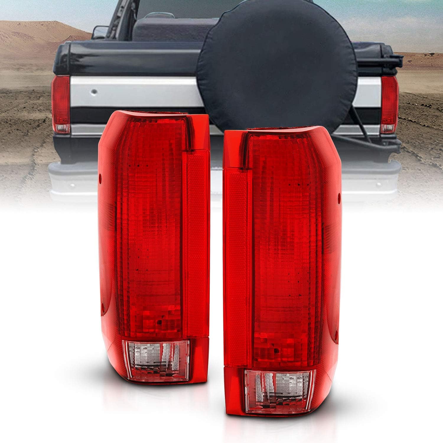 AmeriLite Red Tail Light Assembly Pair for 1989-96 Ford F150 Bronco, 1989-98 F250 F350 Styleside - Driver & Passenger Side