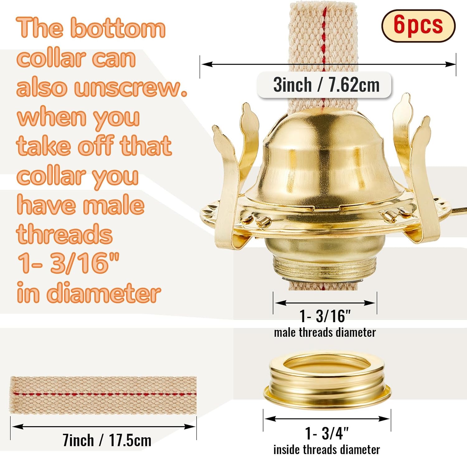 Hortsun 6 Pcs Oil Lamp Parts Burner Kerosene Brass Plated #2 Oil Lamp Chimney Holder Replacement Burner with 1 3/16" Diameter Threaded Base for Antique Hurricane Lantern (Gold)
