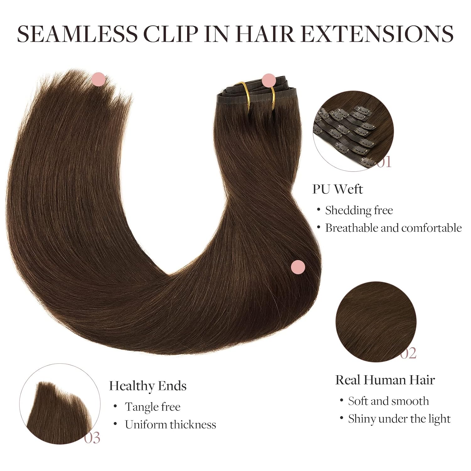 MAXITA Seamless Clip In Hair Extensions Real Human Hair，Invisible PU Weft Real Human Hair Clip Ins for Woman，Natural Human Hair,22Inch 150g 7Pcs,Chocolate Brown