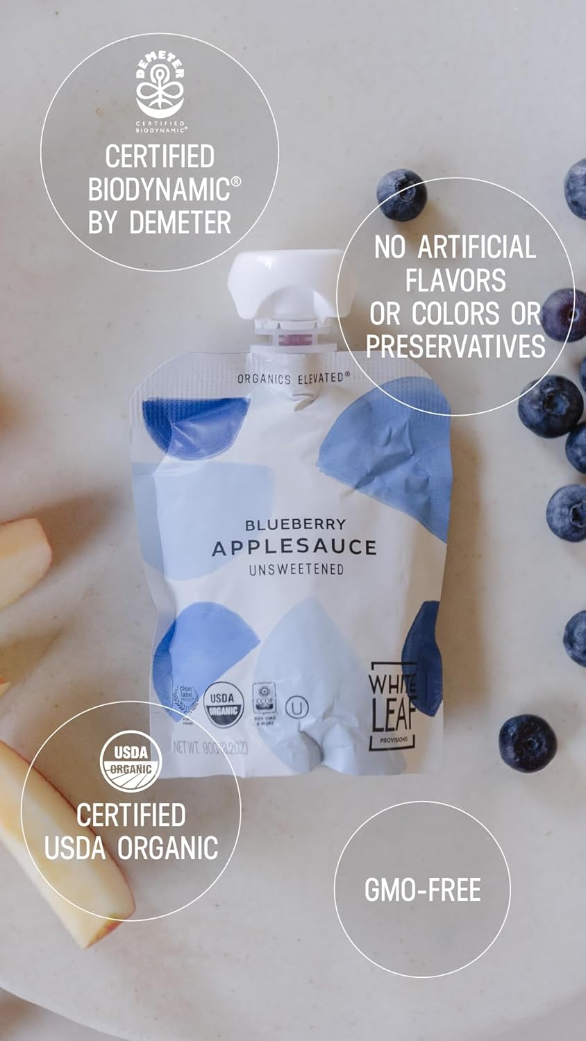 White Leaf Provisions Organic Blueberry Applesauce – Regeneratively Farmed, No Added Sugar, Kosher, USDA, GMO & BPA free 3.2oz Pouches (Pack of 24)
