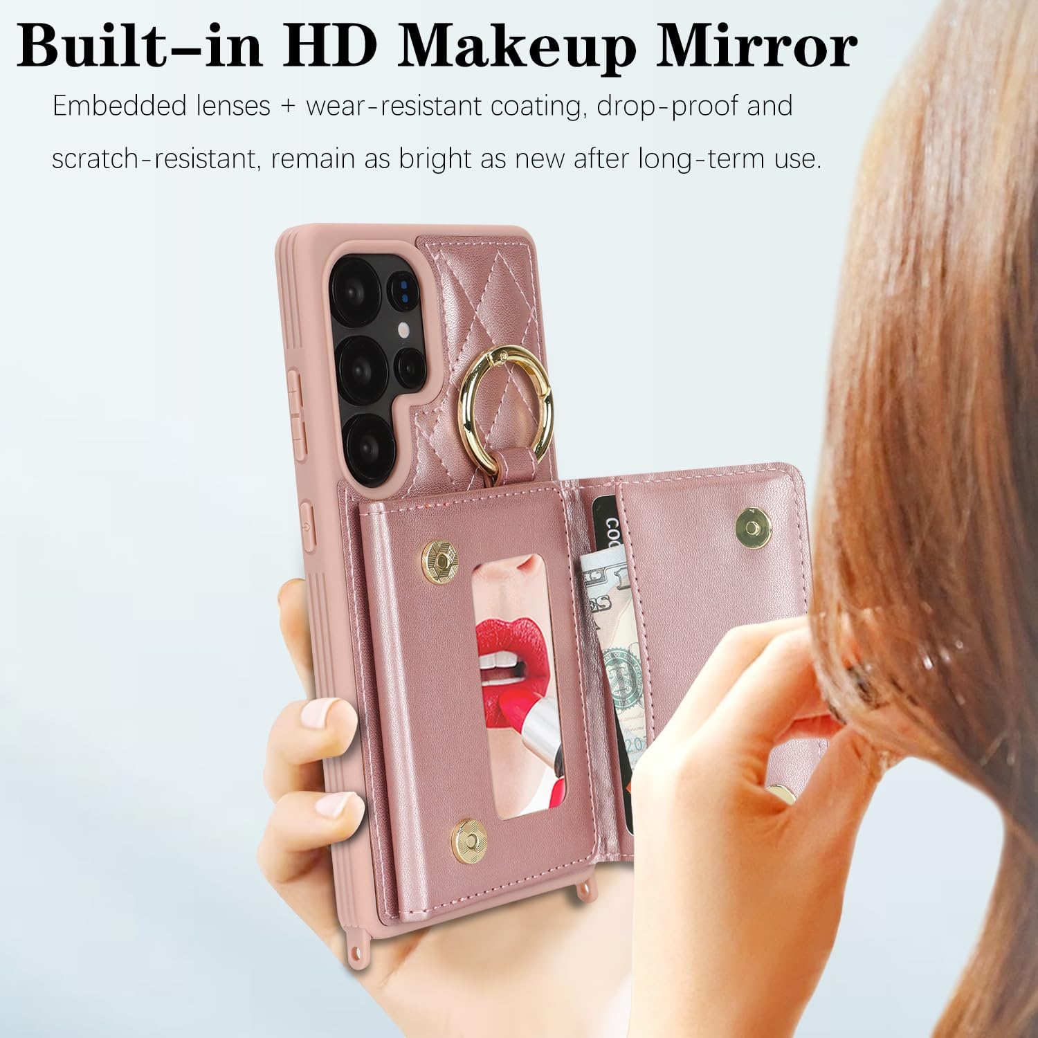 for Galaxy S25 Ultra Case with Card Holder and Strap for Women,Crossbody Lanyard, Make Up Mirror,Ring Stand,Snap Clasp,Cute Phone Wallet Cases 6.9 inch - Dark Rose Gold - Image 5