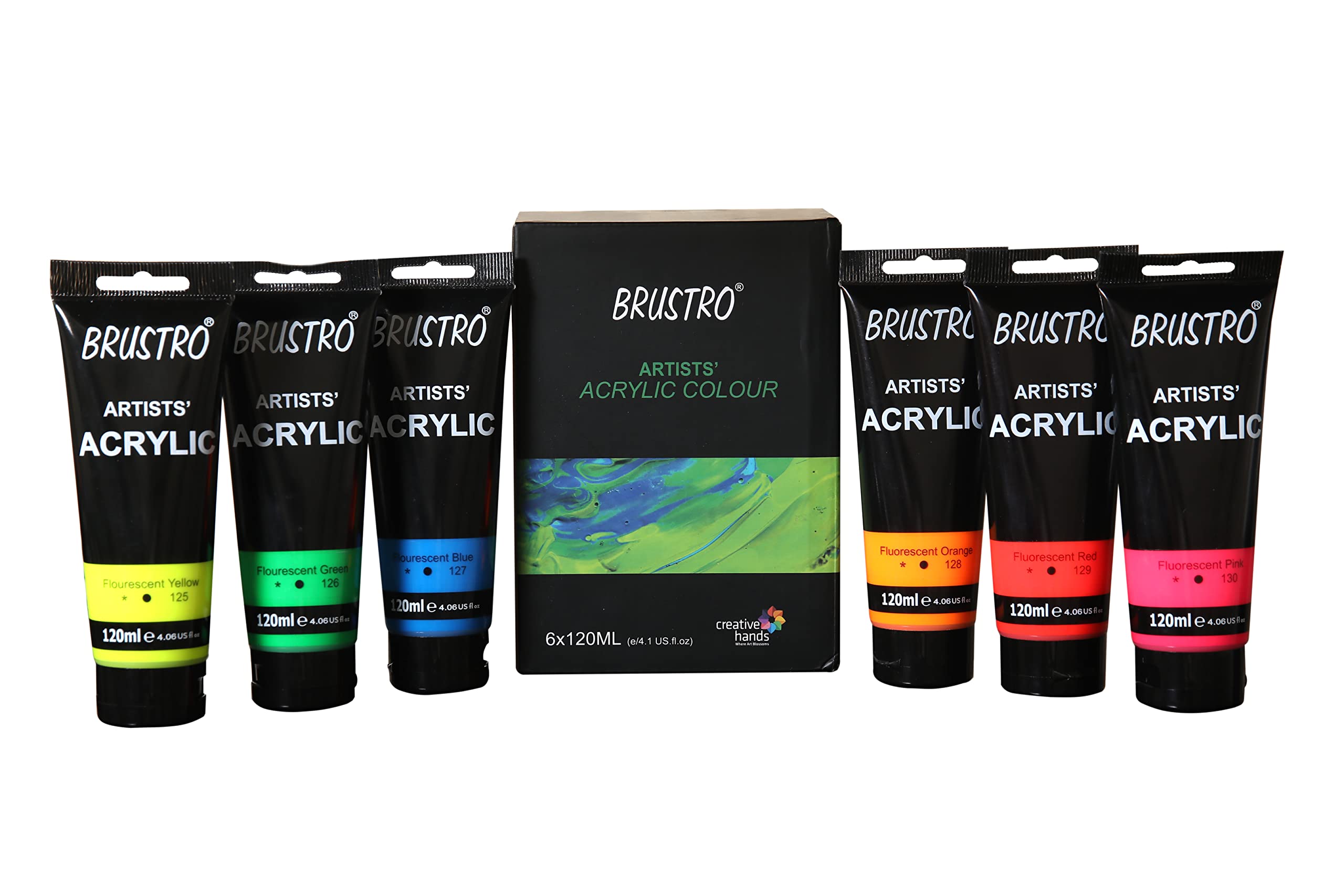Brustro 6 Flourescent Shades Artists ’ Acrylic 120Ml, Pack Of 6 Fluorescent Shades (Red, Pink, Orange, Blue, Green & Yellow)