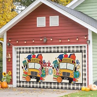 School Season Garage Door Cover Banner 7 x 8 FT, Bus Basketball Brush Black Buffalo Check Garage Door Curtains Backdrop with Grommets for Indoor Outdoor Wall Party Porch Yard Decorations Background