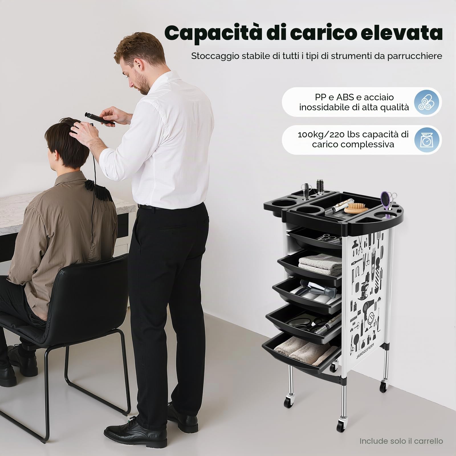 MINRS Carrello da parrucchiere, 52 x 36 x 90 cm, con 5 cassetti estraibili, per parrucchieri, parrucchieri, acconciature (bianco)