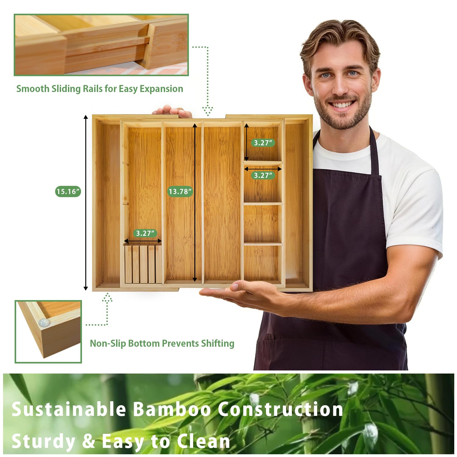 Organizer espandibile per cassetti in bambù con divisori rimovibili, vassoio regolabile da 38,1 a 55,9 cm per utensili da cucina, trucco e ufficio