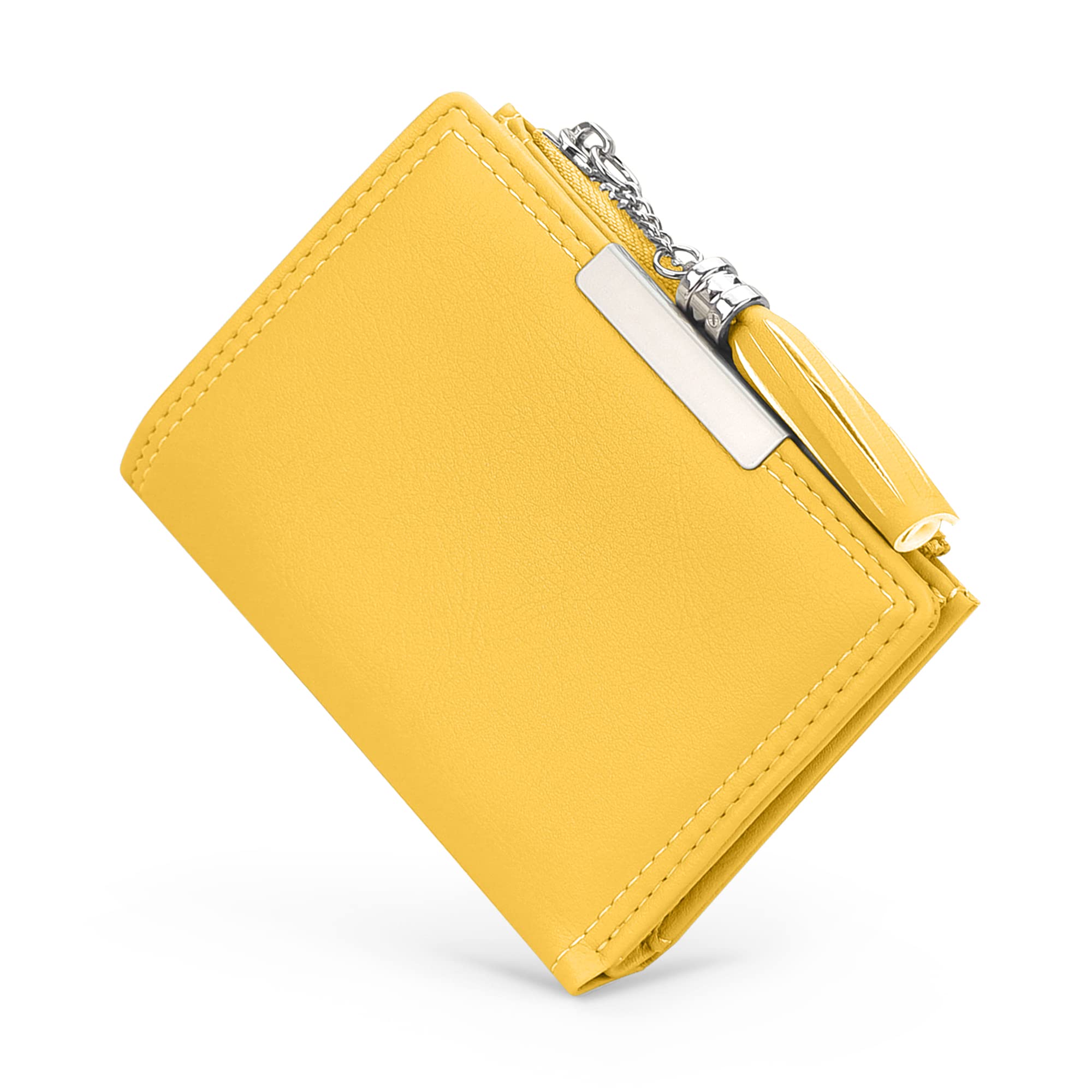 SNCCJ Small Wallet for Women, Leather Compact Bifold Womens Wallet with Zipper Coin Purse (Tasseled Zipper, Yellow)